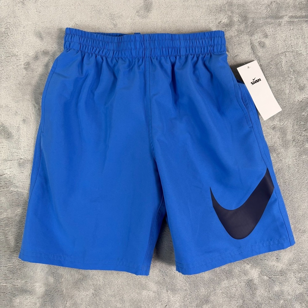 Nike Boys Size Small Blue Mesh Lined Swim Shorts Trunks Swoosh Logo Drawstring